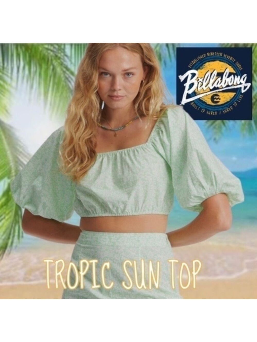 BILLABONG Tropic Sun Woven Blousen Sleeve Smocked-Back Cotton Crop Top-LG NWT